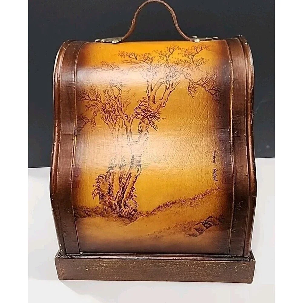 vintage Wooden Wine Caddy With Leather Handle Oriental Tree Art Work Very Unique